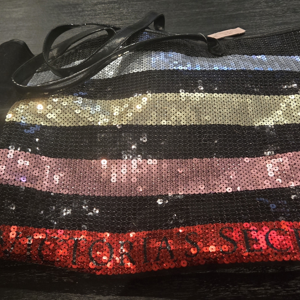 Victoria's Secret Black and Gold Tote Bag with Sequin Accents
